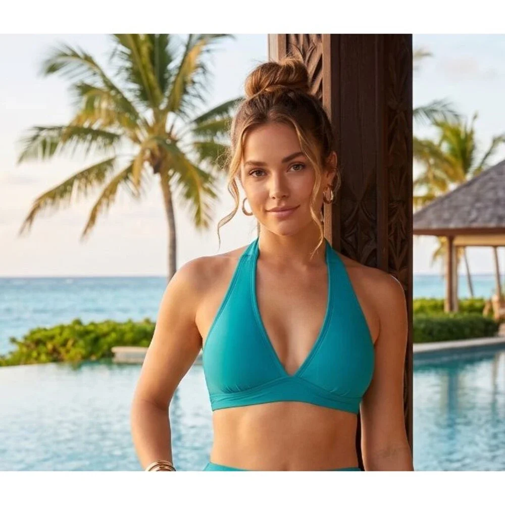 Halara Deep V Halter Tie Padded Bikini Swim Top Lake Blue Size XL 16